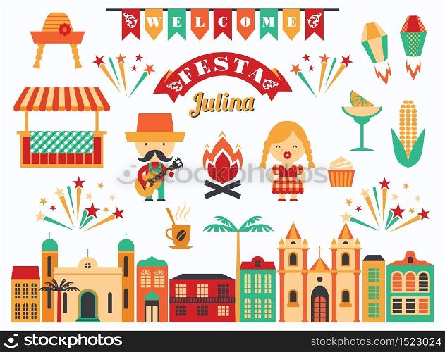 Latin American holiday, the June party of Brazil. Flat illustration with symbolism of the holiday. Latin American holiday, the June party of Brazil.