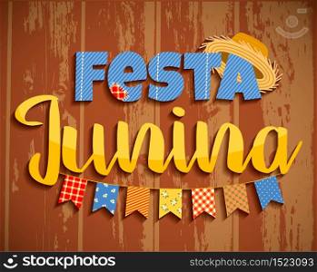 Latin American holiday, the June party of Brazil. Lettering design on wood texture. Vector illustration. Latin American holiday, the June party of Brazil. Lettering design on wood texture.
