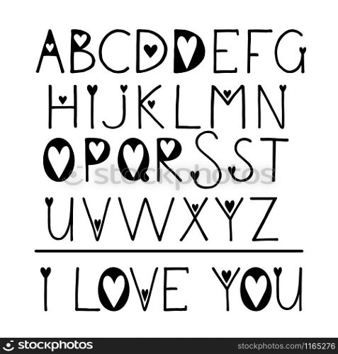 Latin handwritten alphabet with hearts, you can use for postcards and congratulations on the day of the holy valentine. Vector illustration isolated on white background