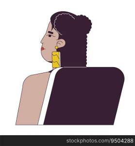 Latina university student sitting in chair behind flat line color vector character. Editable outline half body person on white. College life simple cartoon spot illustration for web graphic design. Latina university student sitting in chair behind flat line color vector character