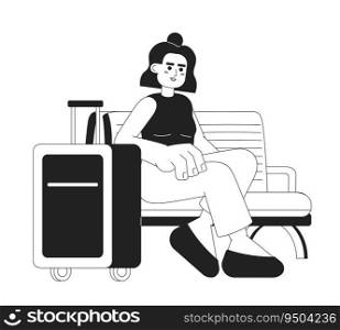 Latinamerican girl with luggage sitting monochromatic flat vector character. Editable full body person going on vacation on white. Simple bw cartoon spot image for web graphic design. Latinamerican girl with luggage sitting monochromatic flat vector character