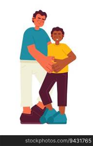 Latino father hugging african american son semi flat color vector characters. Positive parent with child. Editable full body people on white. Simple cartoon spot illustration for web graphic design. Latino father hugging african american son semi flat color vector characters