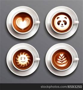 Latte coffee art realistic set with cup and saucer isolated vector illustration. Latte Coffee Art Set