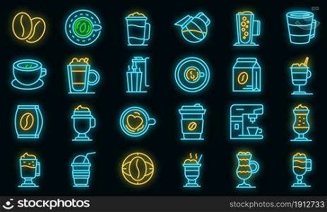 Latte icons set. Outline set of latte vector icons neon color on black. Latte icons set vector neon