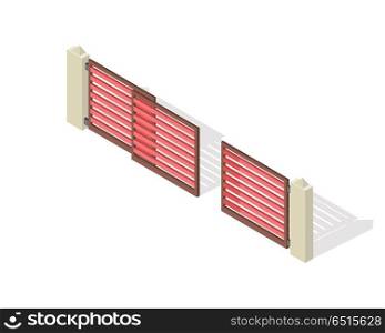 Lattice Fence and Gate with Columns Isolated. Lattice fence and gate with columns isolated on white. Gate with sliding system. Isometric projection. Metal and wooden gates and fences for yard in flat style design. Vector illustration