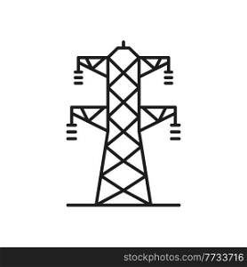 Lattice tower and overhead power line isolated thin line icon. Vector two phase transmission towers power lines outline sign. Electricity pylon structure, steel lattice tower to support power line. High voltage transmission tower line art generator