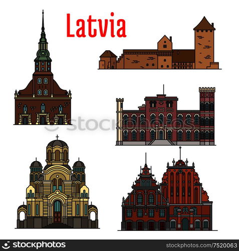 Latvia famous historic architecture. Vector detailed icons of St. Peter Church, Turaida Castle, Birini Palace, Nativity of Christ Cathedral, House of Blackheads for souvenir decoration elements. Latvia famous historic architecture icons