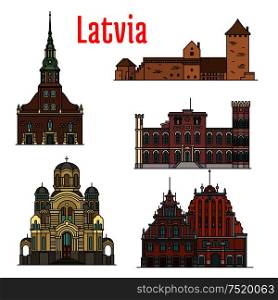 Latvia famous historic architecture. Vector detailed icons of St. Peter Church, Turaida Castle, Birini Palace, Nativity of Christ Cathedral, House of Blackheads for souvenir decoration elements. Latvia famous historic architecture icons