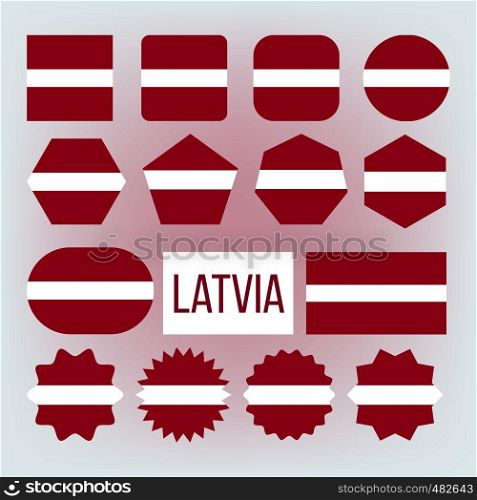 Latvia National Colors, Insignia Vector Icons Set. Latvia State Flag, European Country Official Symbolics. Red And White Patriotic Banner. Latvian Republic Traditional Emblem Flat Illustration. Latvia National Colors, Insignia Vector Icons Set