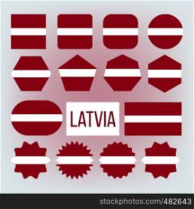 Latvia National Colors, Insignia Vector Icons Set. Latvia State Flag, European Country Official Symbolics. Red And White Patriotic Banner. Latvian Republic Traditional Emblem Flat Illustration. Latvia National Colors, Insignia Vector Icons Set