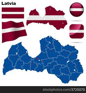 Latvia vector set. Detailed country shape with region borders, flags and icons isolated on white background.