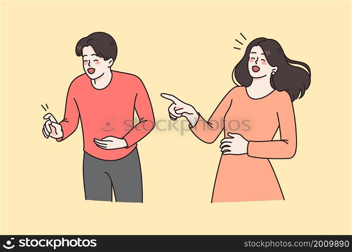 Laughing and positivity, humour concept. Smiling couple standing and laughing with mouth open pointing at something holding bellies vector illustration . Laughing and positivity, humour concept.