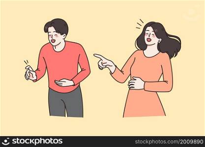 Laughing and positivity, humour concept. Smiling couple standing and laughing with mouth open pointing at something holding bellies vector illustration . Laughing and positivity, humour concept.