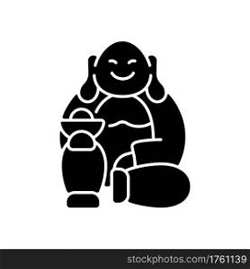 Laughing Buddha black glyph icon. Pray for prosperity, wealth. Chinese traditions. Spirituality, religion. Feng shui. Wish for fortune. Silhouette symbol on white space. Vector isolated illustration. Laughing Buddha black glyph icon