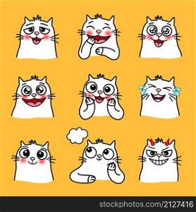 Laughing cat emoticons. Cartoon happy pets with big eyes, cute emotions of home animals, vector illustration of loving and smiling cats isolated on yellow background. Laughing cat emoticons
