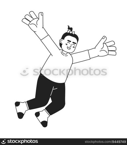 Laughing excited toddler girl in air monochromatic flat vector character. Happy babyhood. Little girl flying. Editable thin line person on white. Simple bw cartoon spot image for web graphic design. Laughing excited toddler girl in air monochromatic flat vector character