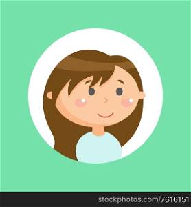 Laughing girl, emotion of teenager, kid portrait view in round icon on green, smiling child in casual clothes, little character flat design style vector. Smiling Character on Pink, Laughing Girl Vector