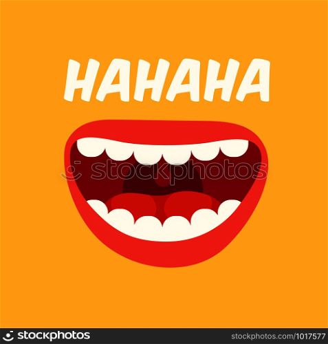 Laughing mouth. April Fools Day. Loud laugh and LOL smile face with teeth out, happy emoji doodle. Joke crazy funny spring prank humor bouche vector yellow background. Laughing mouth. April Fools Day. Loud laugh and LOL vector yellow background
