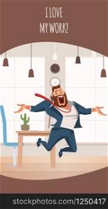 Laughing Office Worker Jumping Up. Boss Love Work. Happy Adult Businessman Express Emotion. Smiling Male Coworker Character Full of Enthusiasm Jump. Cartoon Flat Vector Illustration. Laughing Office Worker Jumping Up. Boss Love Work