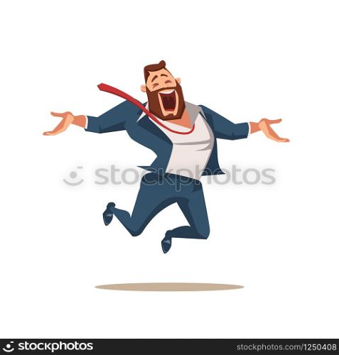 Laughing Office Worker Jumping Up High with Joy. Happy Businessman or Fun Boss Express Emotion. Funny Smiling Male Character Full of Enthusiasm Jump. Cartoon Flat Vector Illustration. Laughing Office Worker Jumping Up High with Joy
