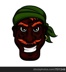 Laughing pirate cartoon man with dark skinned mustached pirate sailor in green bandanna. Funny character for marine, piracy, children book or sailing theme design . Laughing pirate sailor cartoon man