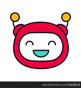 Laughing robot emoji color icon. Happy chatbot smiley with broad smile and closed eyes. Chat bot emoticon. Artificial conversational entity. Virtual assistant. Isolated vector illustration. Laughing robot emoji color icon