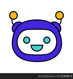 Laughing robot emoji color icon. Happy chatbot smiley with broad smile and open eyes. Chat bot emoticon. Artificial intelligence. Isolated vector illustration. Laughing robot emoji color icon