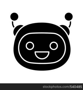 Laughing robot emoji glyph icon. Happy chatbot smiley with broad smile and open eyes. Silhouette symbol. Chat bot emoticon. Artificial conversational entity. Negative space. Vector isolated illustration. Laughing robot emoji glyph icon
