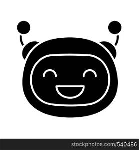 Laughing robot emoji glyph icon. Happy chatbot smiley with broad smile. Silhouette symbol. Chat bot emoticon. Artificial conversational entity. Negative space. Vector isolated illustration. Laughing robot emoji glyph icon