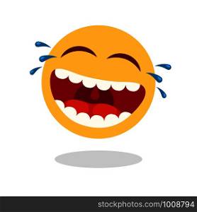 Laughing smiley emoticon. Cartoon happy face with laughing mouth and tears, emoticons cry or tear smile. Loud laugh lol emoji. Sticker yellow vector isolated icon. Laughing smiley emoticon. Cartoon happy face with laughing mouth and tears. Loud laugh vector icon