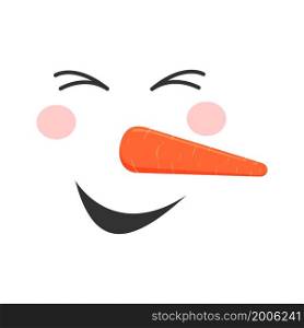 Laughing snowman face. Cute snowman head with closing eyes, smiling mouth, carrot nose and enjoyment emotion. Winter holidays design. Vector cartoon illustration.. Laughing snowman face. Cute snowman head with closing eyes, smiling mouth, carrot nose and enjoyment emotion. Winter holidays design. Vector cartoon illustration