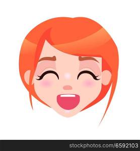 Laughing woman with closed eyes and open mouth isolated on white background. Redhead girl avatar userpic in flat style design. Vector illustration of human emotion of happiness close up portrait. Laughing Woman with Closed Eyes and Open Mouth