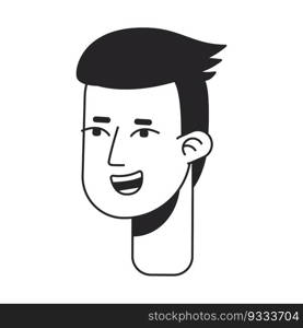 Laughing young man with slicked back hairstyle monochrome flat linear character head. Editable outline hand drawn human face icon. 2D cartoon spot vector avatar illustration for animation. Laughing young man with slicked back hairstyle monochrome flat linear character head