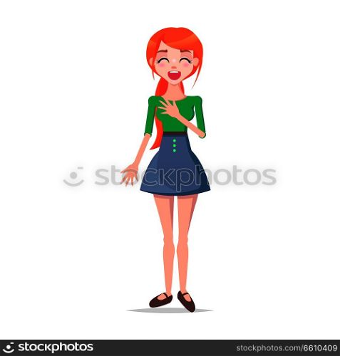 Laughing young woman illustration. Beautiful redhead girl standing with rosy smiling face, closed eyes and hand on brest flat vector isolated on white. Exited emotional female cartoon character