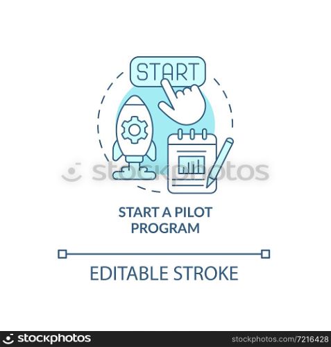 Launch a pilot program concept icon. Examine new technology. Analyze results. Small scale experiment abstract idea thin line illustration. Vector isolated outline color drawing. Editable stroke. Launch a pilot program concept icon