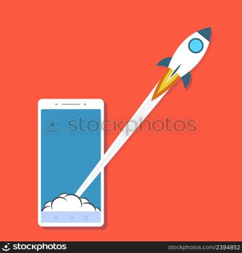 Launch app concept on smartphone on red. Stock. Launch app concept on smartphone on red.