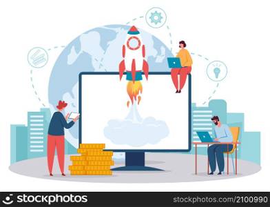 Launch business start up online, team developers. Launch startup company and management teamwork development. Vector illustration. Launch business start up online, team developers