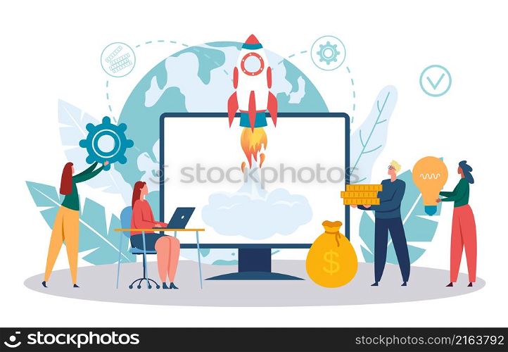 Launch business start up, successful team with idea and money. Vector business start with team, launch startup and development illustration. Launch business start up, successful team with idea and money