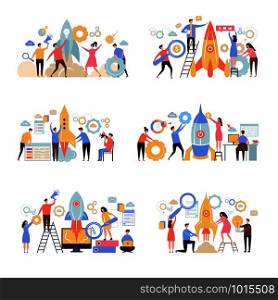 Launch business startup. Rocket successful company new working idea business metaphor office characters people managers vector scene. Start launch rocket, company startup project illustration. Launch business startup. Rocket successful company new working idea business metaphor office characters people managers vector scene