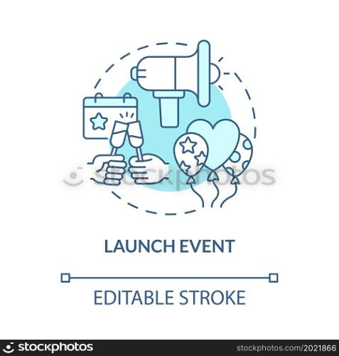 Launch event party concept icon. Presenting new product party for customers. Startup ad strategy abstract idea thin line illustration. Vector isolated outline color drawing. Editable stroke. Launch event party concept icon