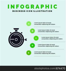Launch, Management, Optimization, Release, Stopwatch Solid Icon Infographics 5 Steps Presentation Background