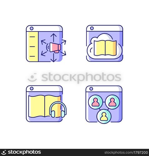 Launching online services RGB color icons set. Content distribution platform. Digital database with books. Audiobooks collection. Isolated vector illustrations. Simple filled line drawings collection. Launching online services RGB color icons set