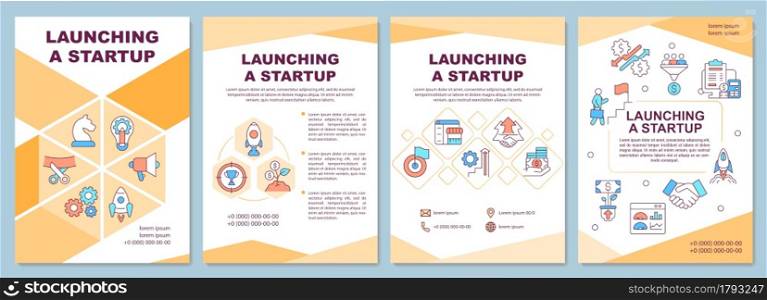 Launching startup brochure template. Business development. Flyer, booklet, leaflet print, cover design with linear icons. Vector layouts for presentation, annual reports, advertisement pages. Launching startup brochure template
