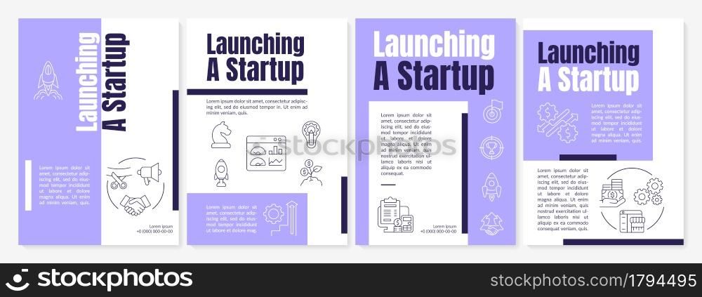 Launching startup purple brochure template. Business development. Flyer, booklet, leaflet print, cover design with linear icons. Vector layouts for presentation, annual reports, advertisement pages. Launching startup purple brochure template
