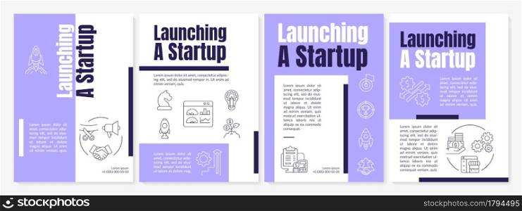 Launching startup purple brochure template. Business development. Flyer, booklet, leaflet print, cover design with linear icons. Vector layouts for presentation, annual reports, advertisement pages. Launching startup purple brochure template