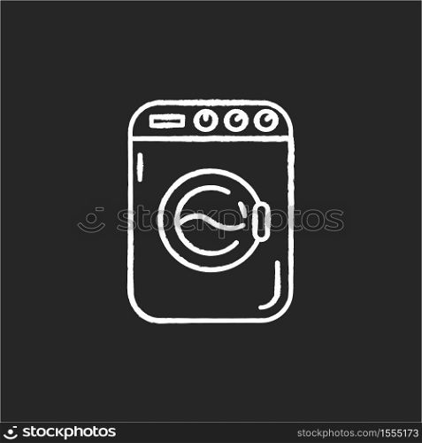 Laundromat chalk white icon on black background. Public laundry place. Electric washing machine. Clean clothes with detergent. Technology to tide garment. Isolated vector chalkboard illustration. Laundromat chalk white icon on black background