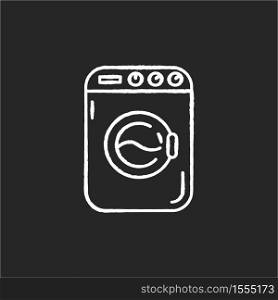 Laundromat chalk white icon on black background. Public laundry place. Electric washing machine. Clean clothes with detergent. Technology to tide garment. Isolated vector chalkboard illustration. Laundromat chalk white icon on black background