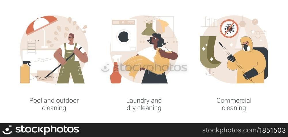 Laundry and cleaning facilities abstract concept vector illustration set. Pool and outdoor cleanup, laundry and dry cleaning, office maintenance, power washing, patio polishing abstract metaphor.. Laundry and cleaning facilities abstract concept vector illustrations.