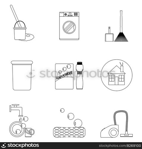 Laundry and cleaning house icon set line. Vacuum and hygiene, sanitation clean. Vector illustration. Laundry and cleaning house icon set line