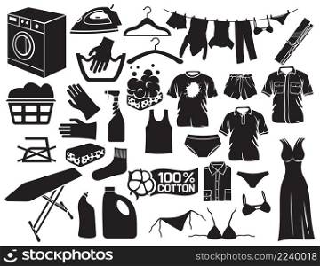 Laundry and cleaning icons (housework design elements, soap with foam, washing machine, clothes hanging on a clothesline, detergent)